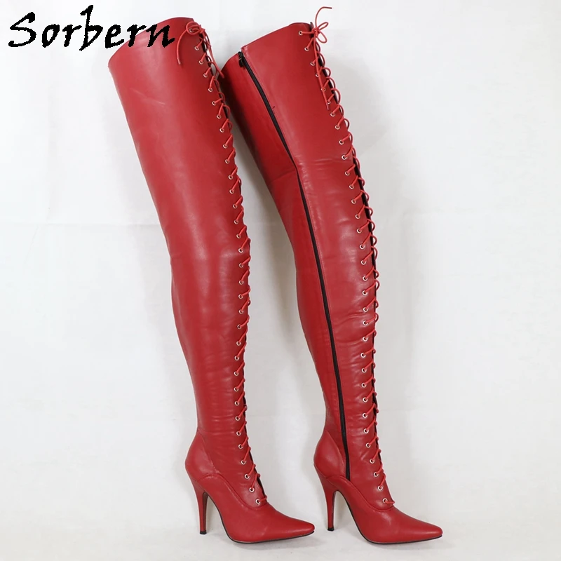 Sorbern Thick Shaft Hard Lace Up Boots Women Deep Red Matte Pointed Toe High Heel Stilettos Custom Wide Slim Fit Unisex Styles