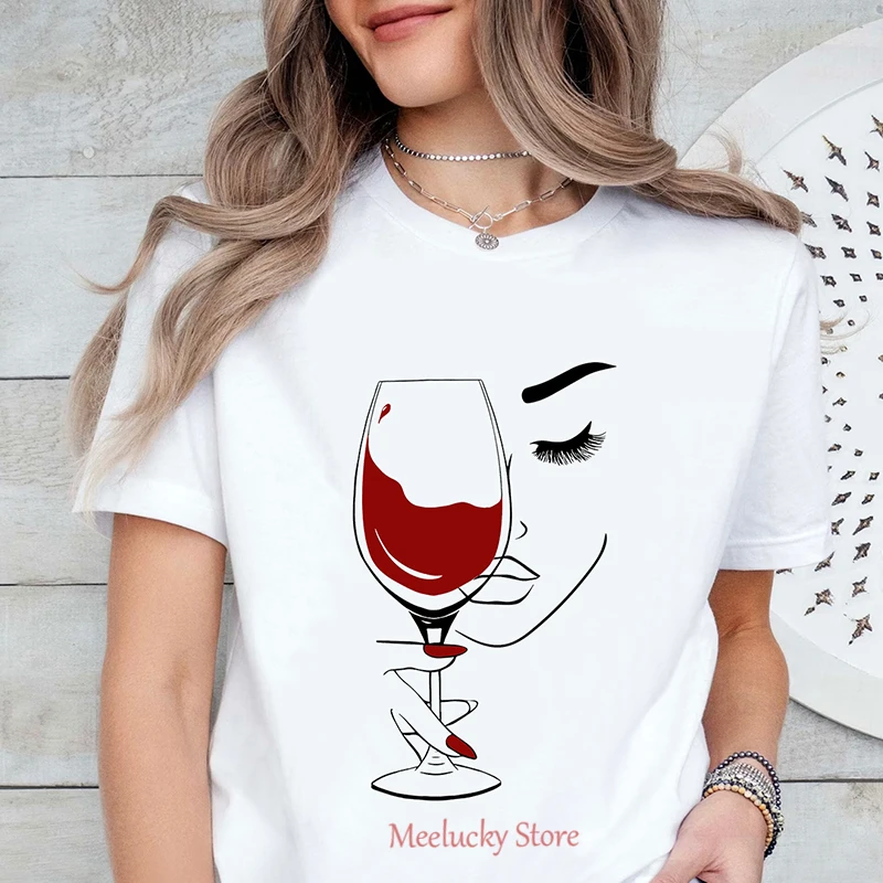 Borrowing Wine to Calm Sorrow Printing Creative Fun Pattern Women's Summer Round Neck Design Pure Cotton Material Women's Tshirt