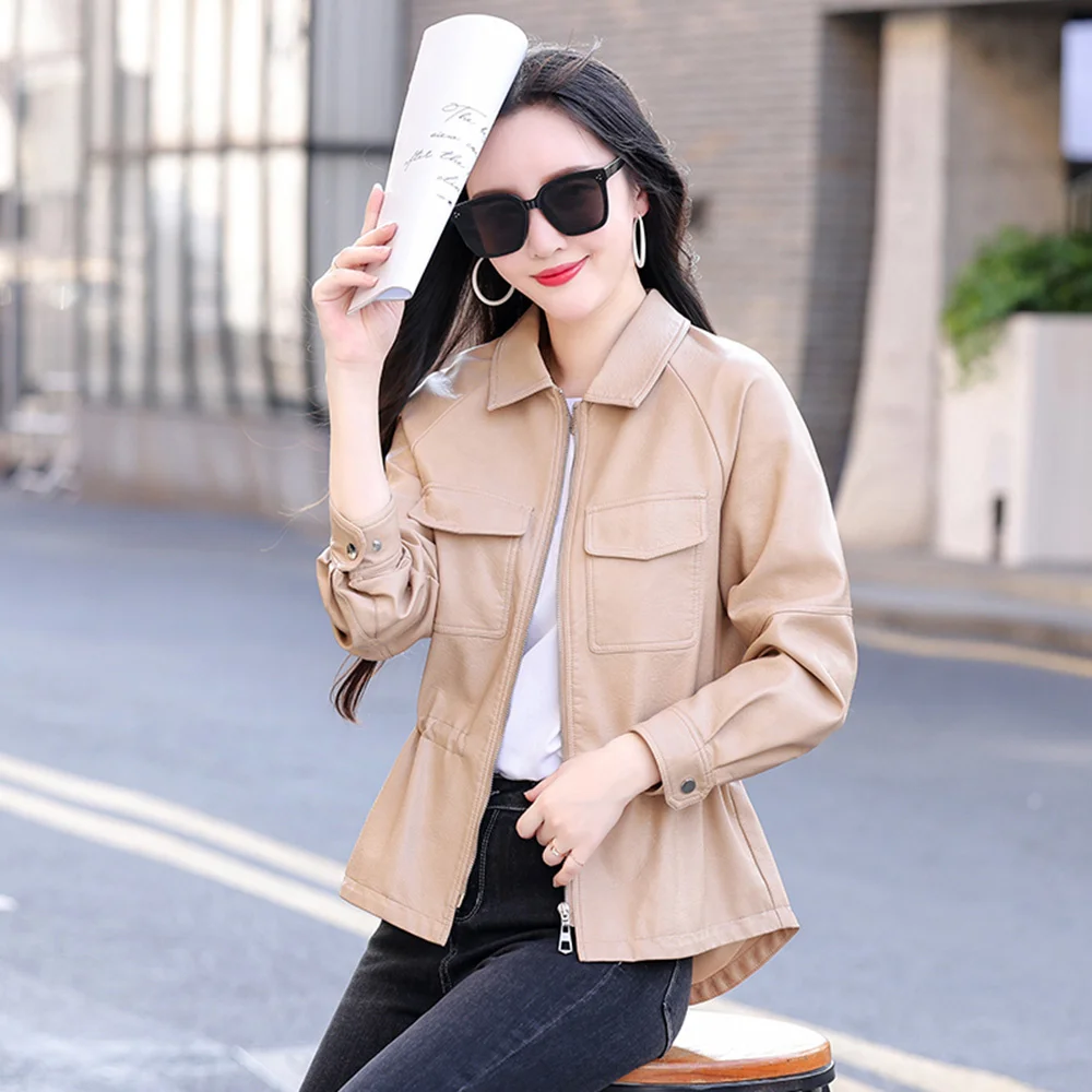 Jacket Leather New Women Spring Autumn Fashion Long Sleeve Drawstring Waist Sheep Leather Coat Casual Solid Biker Jacket Female