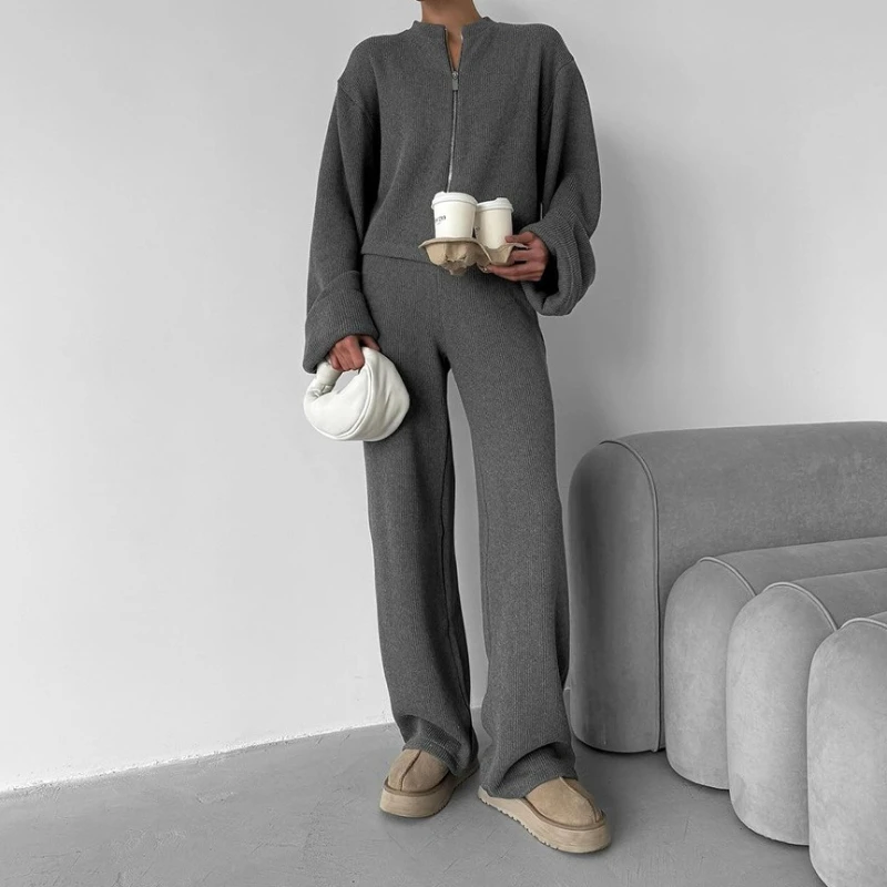 

Knit Grey 2 Piece-Set Wide Leg Trousers Female Zipper Loose Long Sleeve Cardigan Coat And High Waist Women's Pants Sets