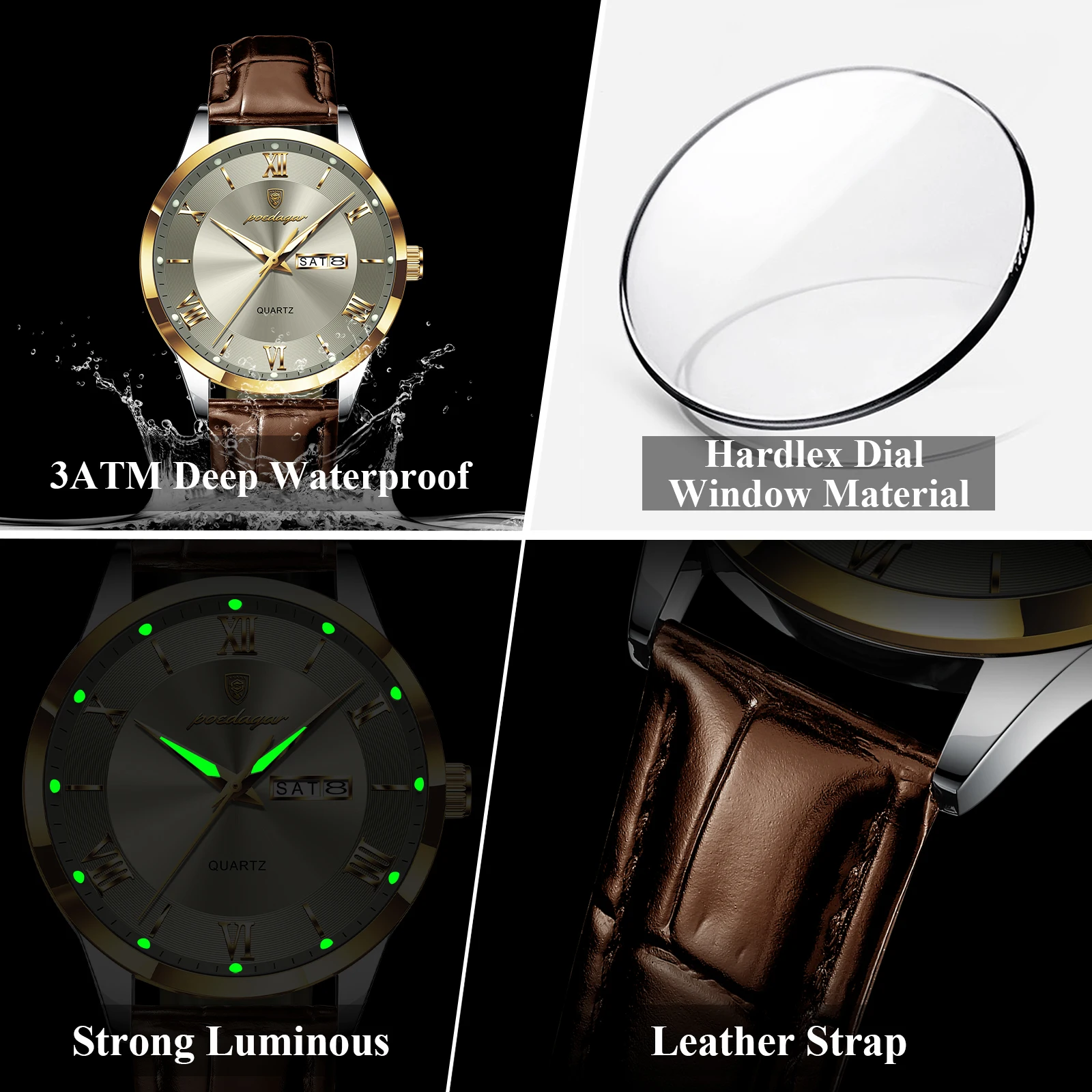 POEDAGAR Original Fashion Men's Watches Leather Date Week High Quality Quartz Men Wristwatch Waterproof Luminous Business Watches For Man Male Reloj image 5