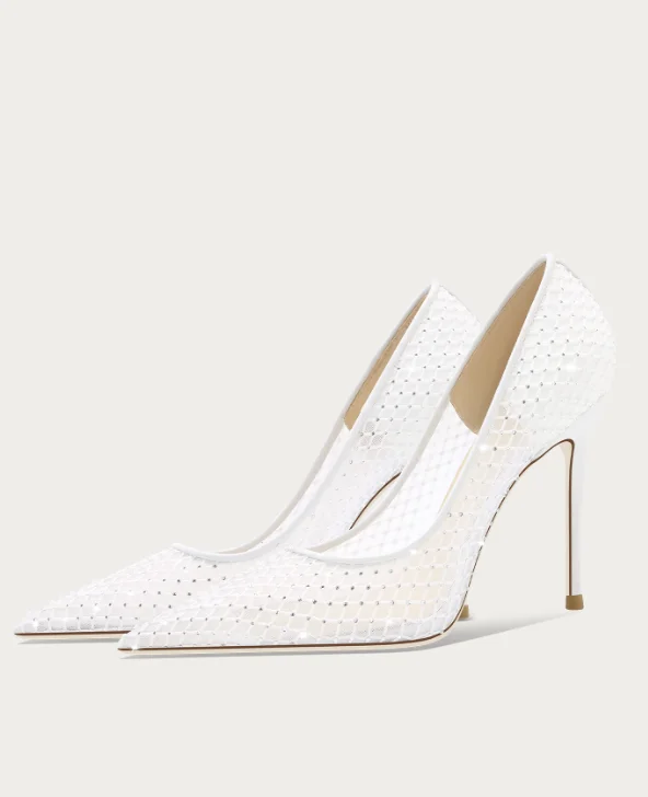New Sexy Fishing Net Diamond Black Mesh High Heels Women's Pointed Single Shoes Evening Dress Shoes