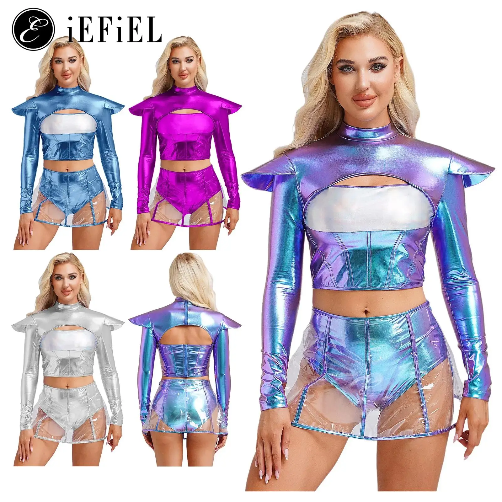 

Woman's Outerspace Astronaut Alien Robot Cosplay Costume MetallicLong Sleeve Cutout Crop Top with Pvc Bodycon Skirts