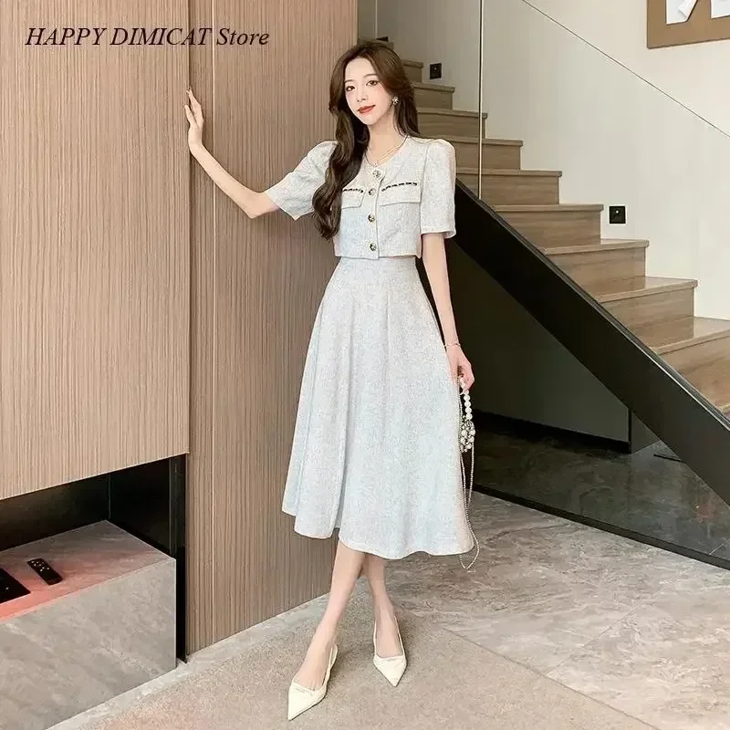 Two-Piece Set for Women, Coat Top and Midi Skirt Suits, Small Fragrant, Korean Fashion, Sweet and Elegant, New, Summer