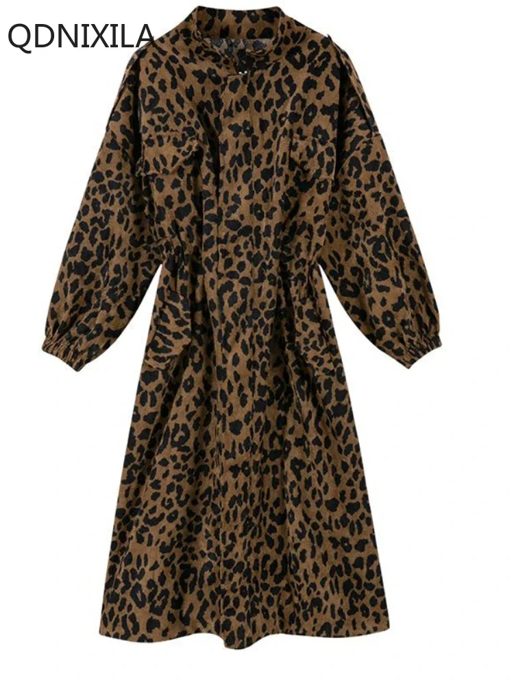 Leopard Print Trench Coat for Women, Loose Tooling Jacket, Medium and Long, Korean Version, New Outerwears, 2024 Autumn