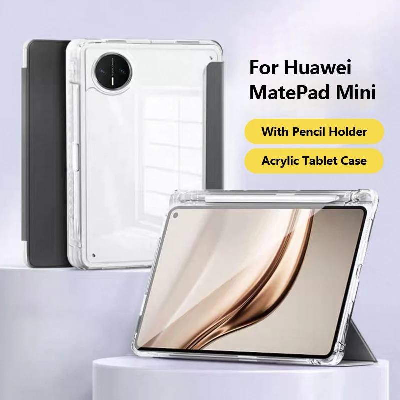 For Huawei MatePad Mini Case with Pen Holder Trifold Leather Acrylic Back Hard Cover For Funda Huawei Matepad Mini 8.8 inch Case