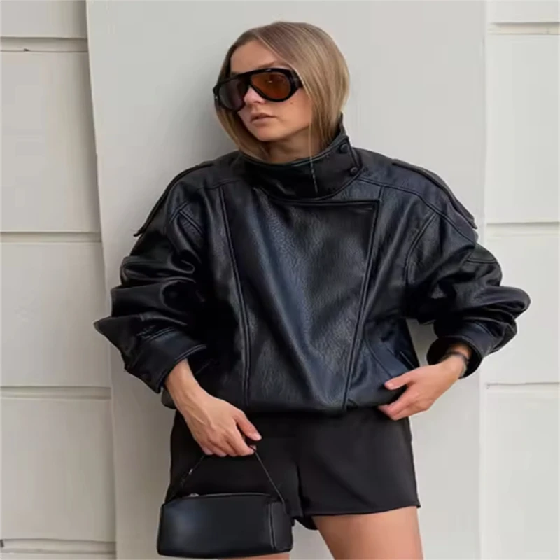 Giacca in ecopelle autunno/inverno con texture Litchi 2025 Nuova moda elegante stile popolare per le donne