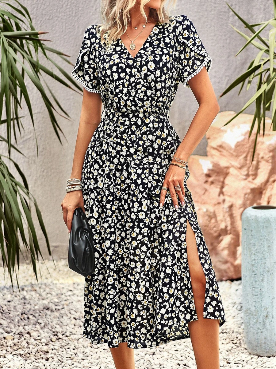 Dames Bohemidi Jurk Met Korte Mouwen En Bloemenprint Midi-Jurk Boho V-Hals Flowy Sundress Slim Fit Maxi-Jurk