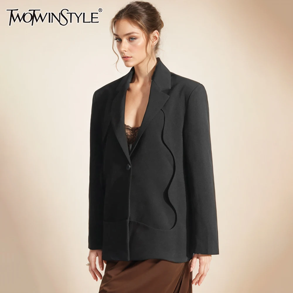 

TWOTWINSTYLE Patchwork Button Solid Backless Blazers For Women Notched Collar Long Sleeve Asymmetrical Loose Blazer Female New