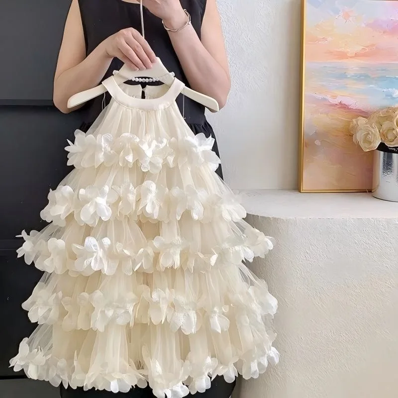 Luxury 3D Flower Applique Flower Girls Dress Floral Halter Neck Tiered Tulle Girls Party Gown for Wedding Birthday Holiday Event