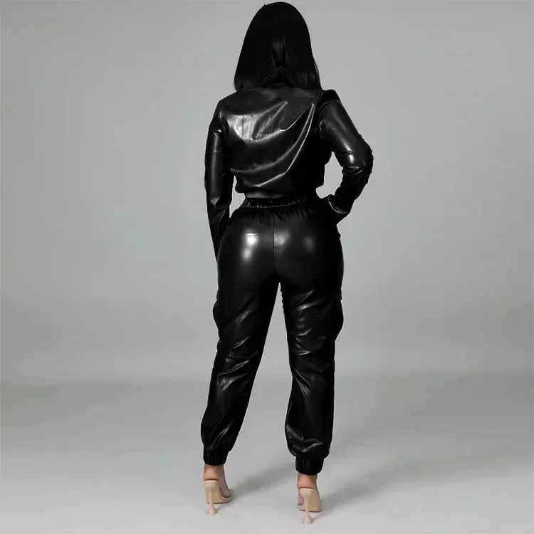 Women Two Piece Set PU Leather Pants Sets Long Sleeve Jacket Work Zipper Coat Pencil Pants Mom Matching Sets Streetwear