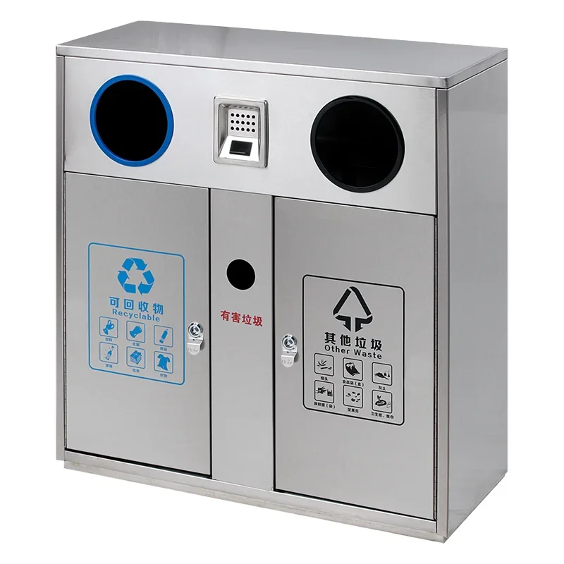 3-Compartment 45L Eco-Friendly Stainless Steel Recycling Bins Commercial Outdoor Trash Can Cigarette Slot Heavy-Duty For Office view 4
