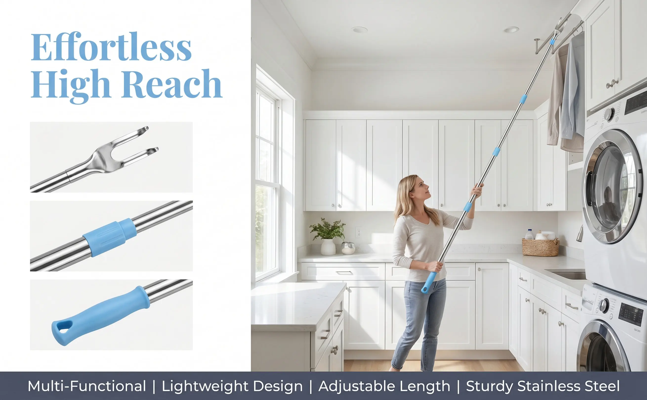 Detachable Clothesline Pole Adjustable Telescoping Reach Clothes Rod for Closet Balcony Drying Clothesline Pole