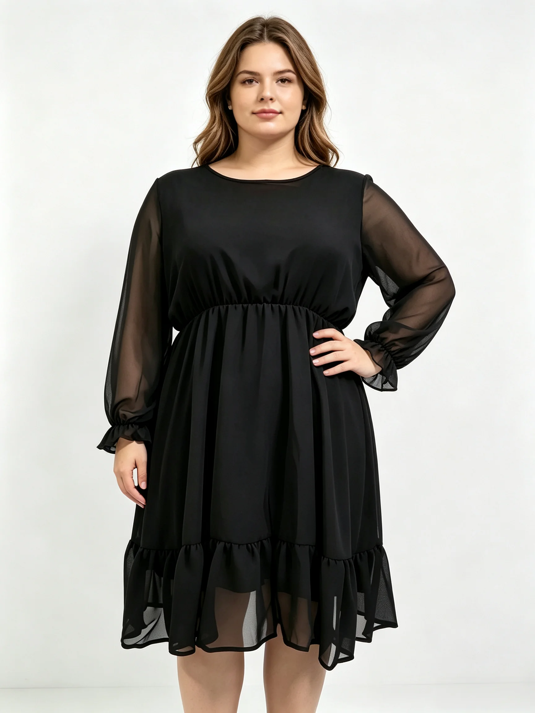 Plus Size Long Sleeve O Neck Black Maxi Casual Dresses For Women