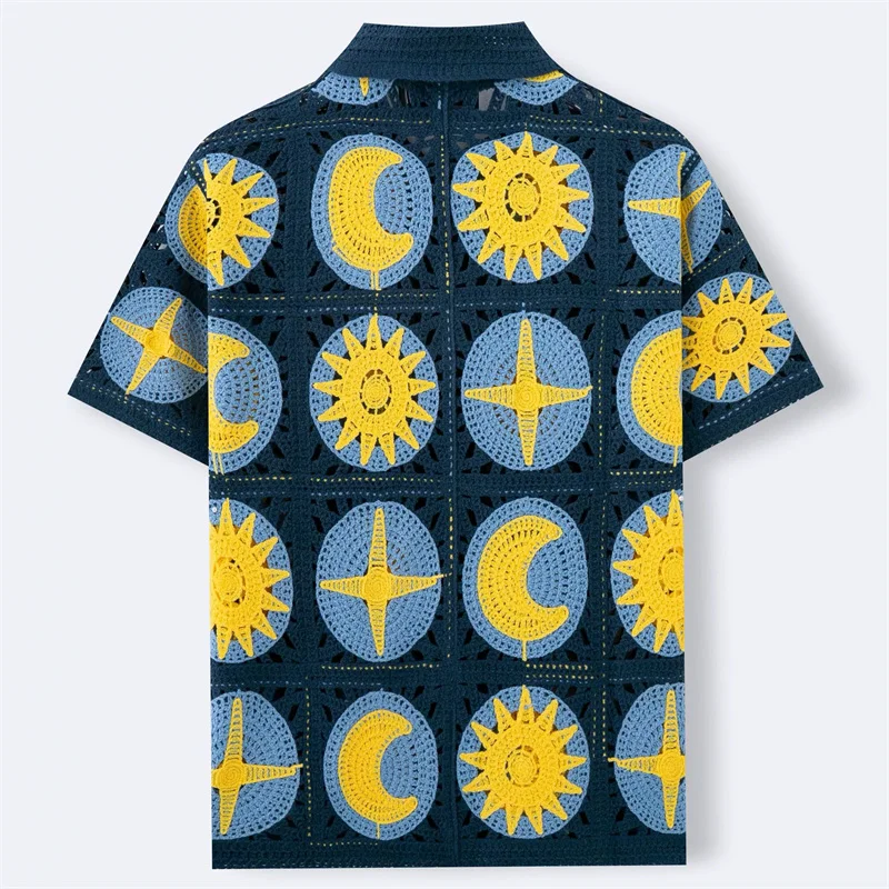 Acrylic Knitwear Classy Shirts For Men Short Sleeve Hollow Out Summer Quality Breathable Elastic Crochet Loose Camisas De Hombre