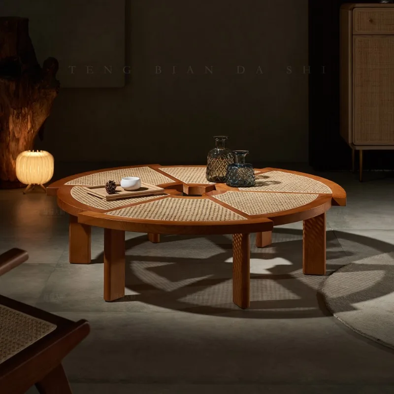 

Nordic modern simple rattan round coffee table, round household solid wood creative round table retro coffee