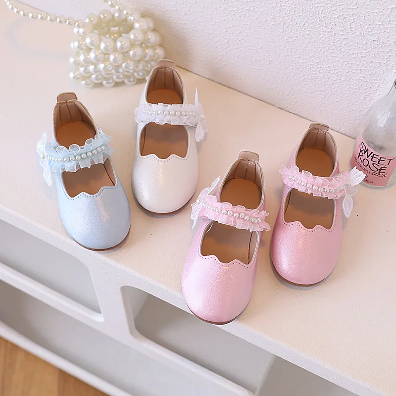 

Girl Princess Shoes Spring Autumn Children Leather Shoes Sweet Lace Pearl Kids Causal Ballet Flat Shoes Wedding Party Fashion
