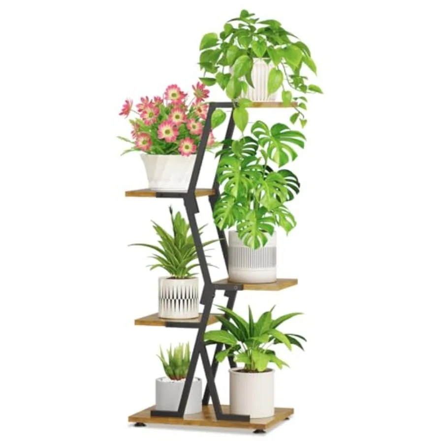 

4 Tier Indoor Plant Stand, Corner Tall Metal and Wood Flower Shelf, Orchid Display Rack for Living Room Balcony Patio Porch, Sp