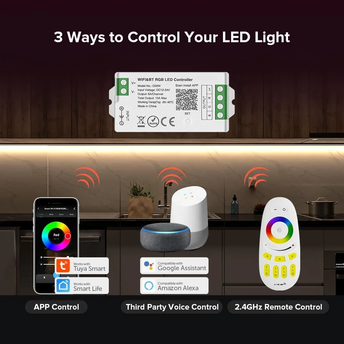 Tuya WiFi Smart RGB LED Strip Controller 24V 12V APP Controle remoto por voz