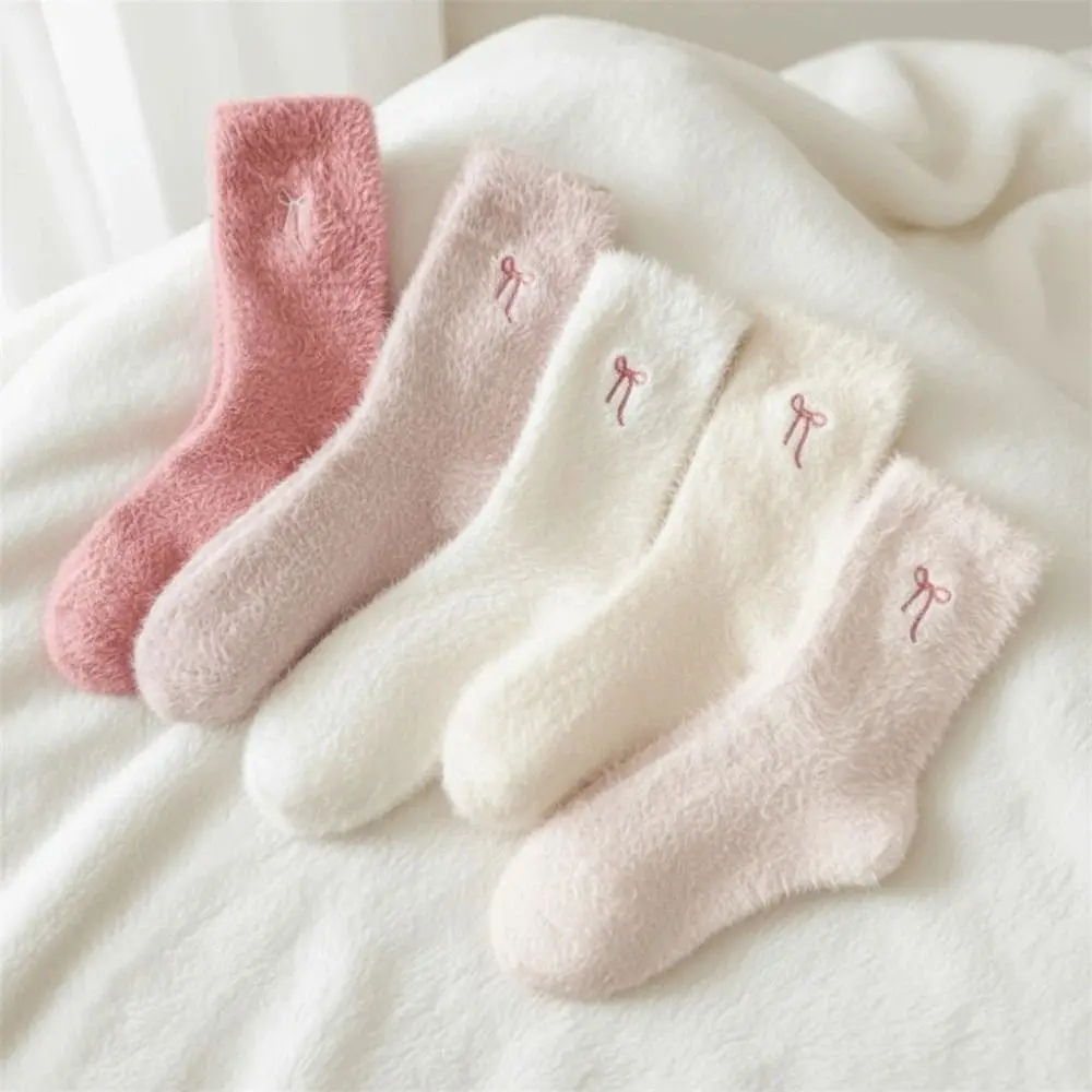 5 أزواج بسيطة الوردي Bowknot المرأة سميكة الجوارب لينة لطيف النوم الجوارب بلون تنفس الجوارب المنزلية الدافئة الاستخدام الداخلي #5