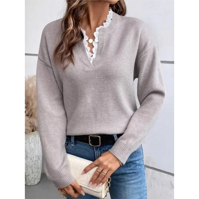 Fashion Lace Trim Knitwear Loose Pullover Women Solid Color V-neck Casual Sweater Autumn Winter Lady Soft Warm Jumper Tops 2026