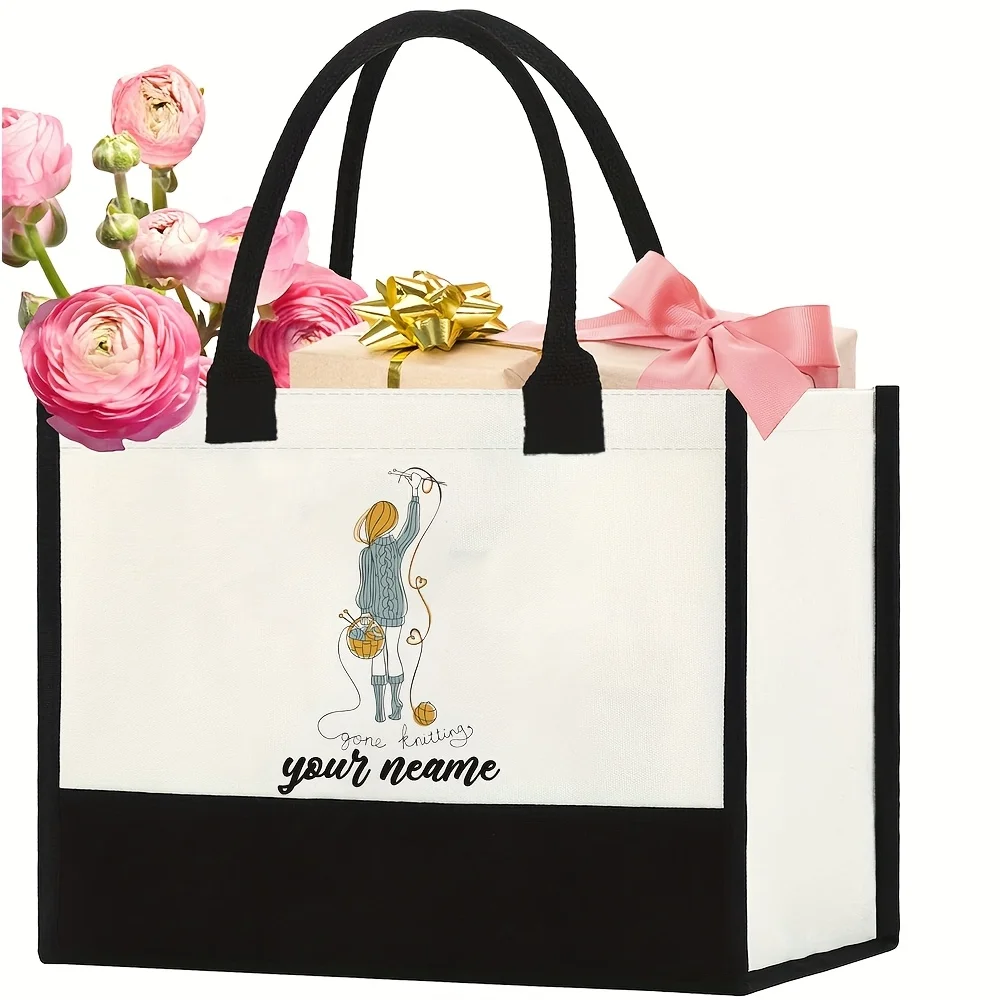 Personalized Name Woven Tote Bag, Yarn Storage Bag for Knitting Craft, Polyester Shoulder Bag for Daily Use