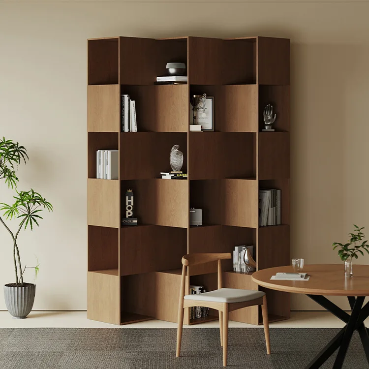 Office solid wood floor-standing bookshelf minimalist modern design style creative display cabinet multi-layer solid wood