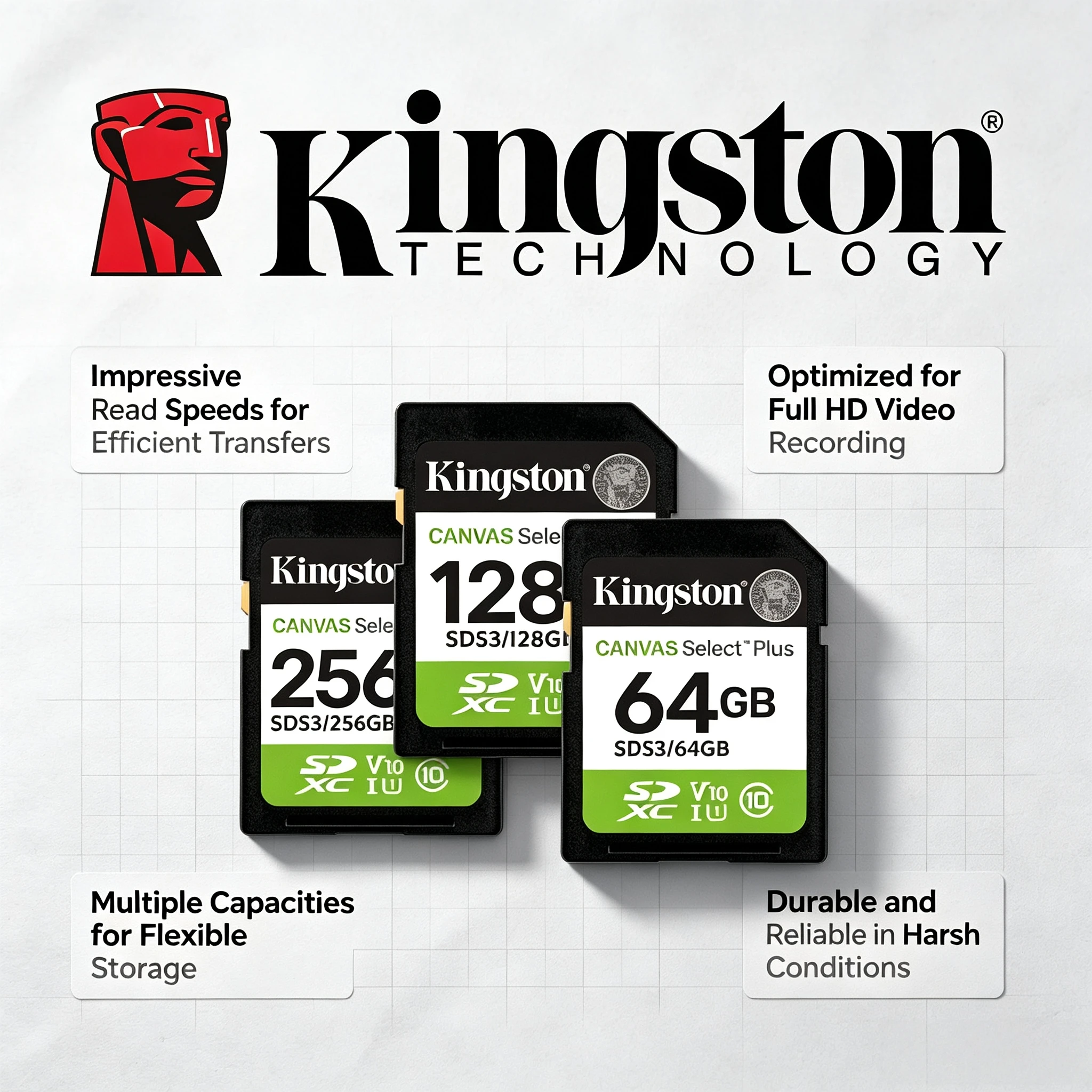 Kingston Canvas Select Plus SDXC 64GB 128GB 256GB SDS3 Card Full HD 1080p Video Memory for Cameras Flash Disk Original Quality