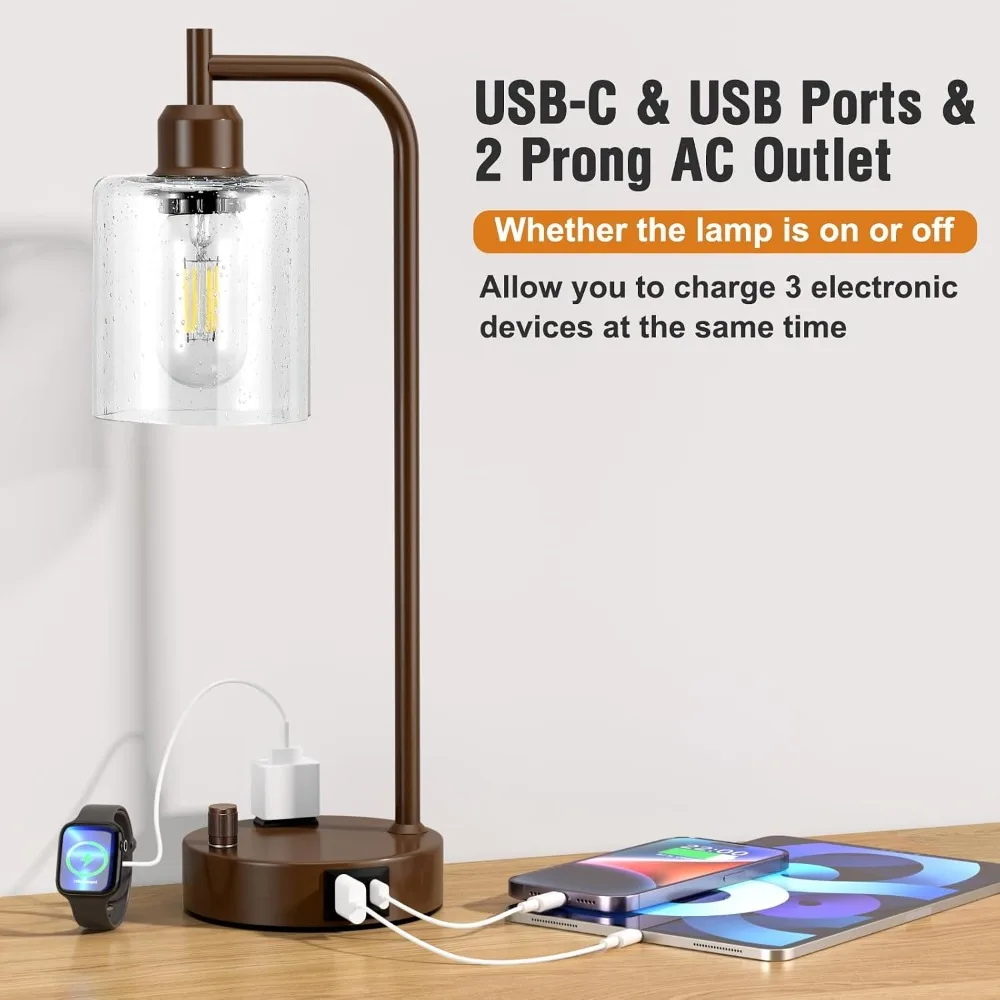 Industrial Table Lamps Set of 2 - Dimmable Bedside Lamps with USB & Outlet, Brown Nightstand Lights for Living Room, Office Reading view 3