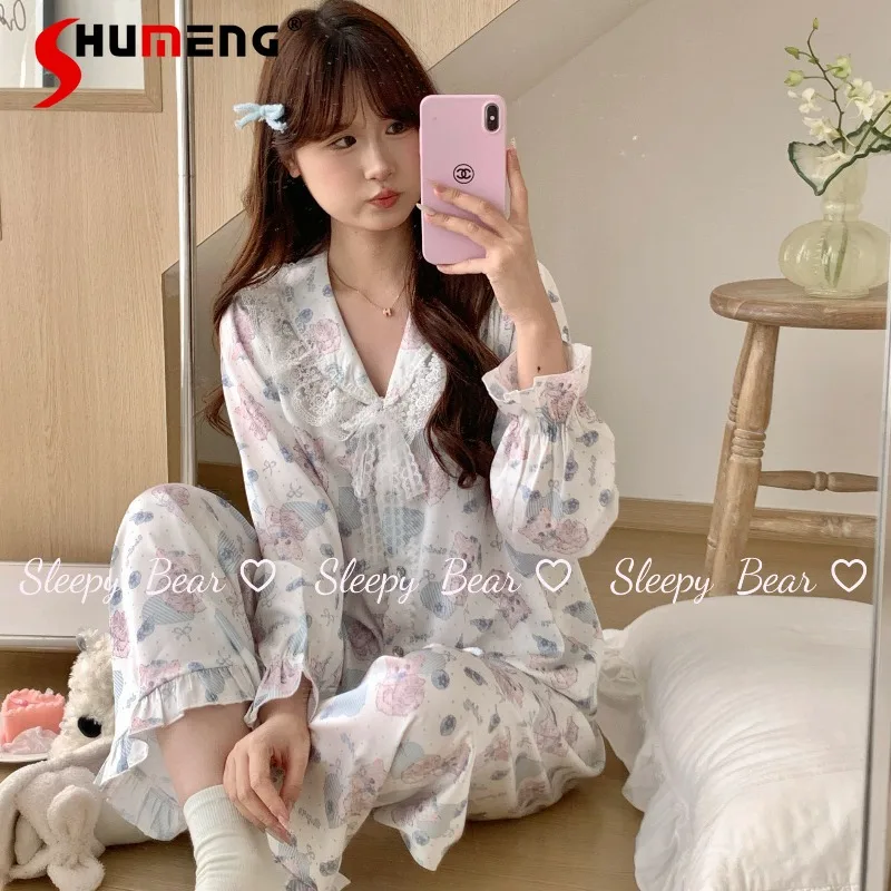 

Cartoon Print Lace Pajamas for Women New Spring Summer Ice Silk Doll Collar Sleep Set Female Japanese Style Cute Sweet Homewear