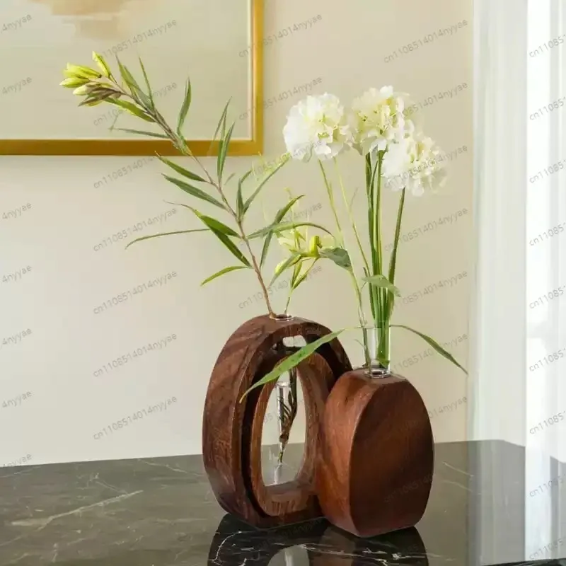 Japanese Style Wooden Flower Vase, Walnut & Glass Hydroponic Plant Holder for Desk, Minimalist Bud Vase for Small Blooms