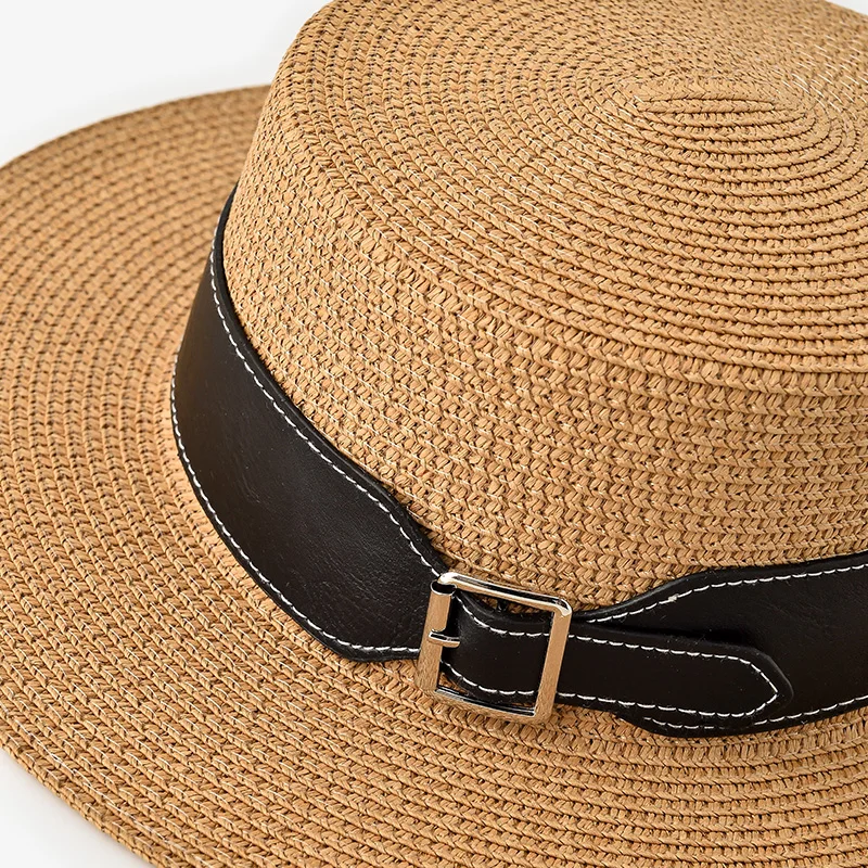 BEAU TODAY Straw Hats Women Paper Straw Khaki Wide Brim Black Panama Metal Decotarion Summer Beach Fashion Ladies Sun Caps 96505