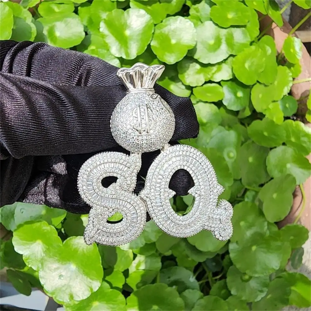 Iced Customized Baguettecz Name Necklace with Dollar Bag Bail 5A Cubic Zircon Letter Pendant Charms Personalized Fashion Jewelry