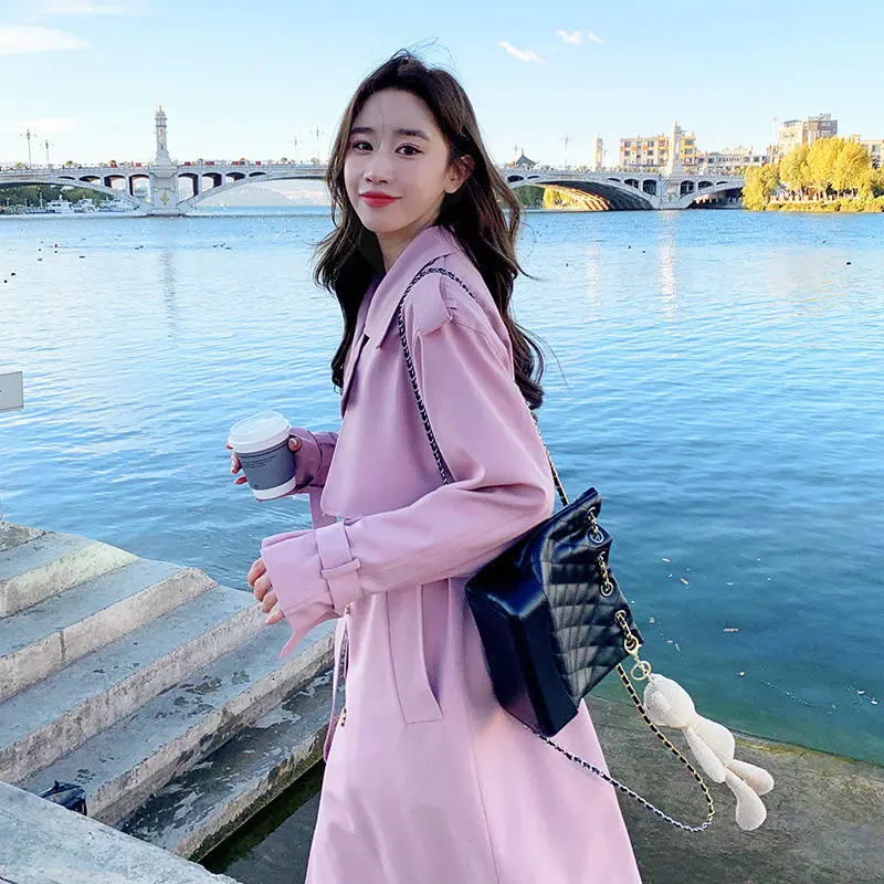 

Cuff Strap Chic Commuting Women's Windbreaker Double Breasted Casual Versatile Pink Trench Coat Spring 2023 Korean Clothes Z850