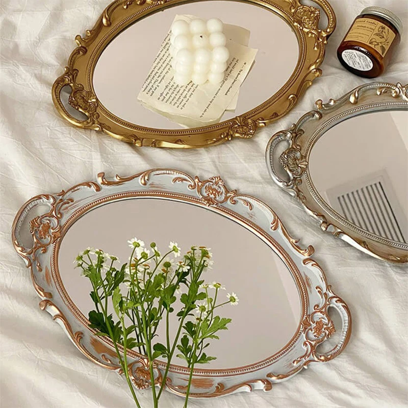 1PC European Washstand Tray Small Jewelry Vanity Tray Oval Golden Mirror Tray Home decor Bathroom Photography Decoration Retro