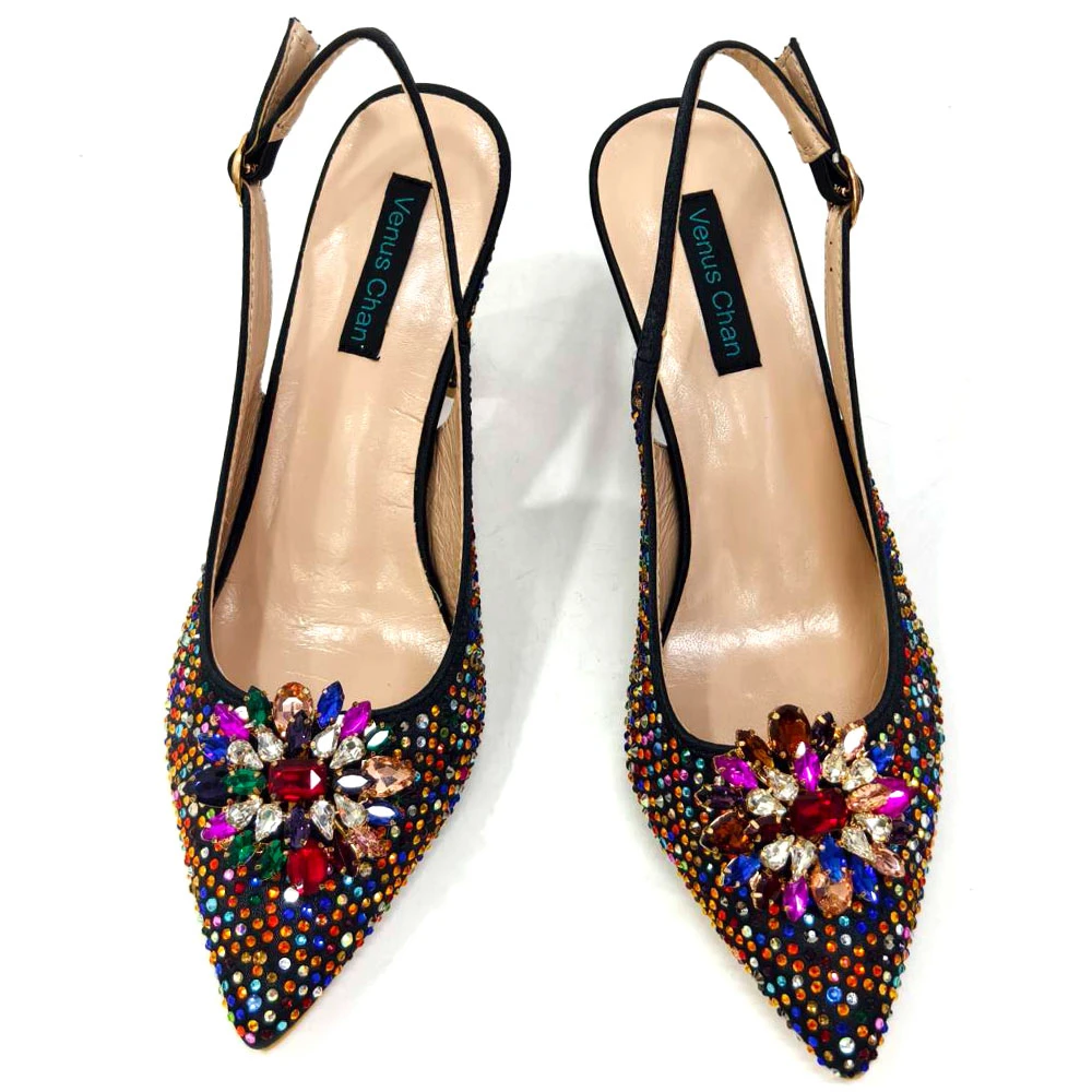 Venus Chan Elegant Woman Heel Shoes INS Style Pointed-Toe Rhinestone Pumps African Ladies Italian Shoe and Bag Set Designer 2024