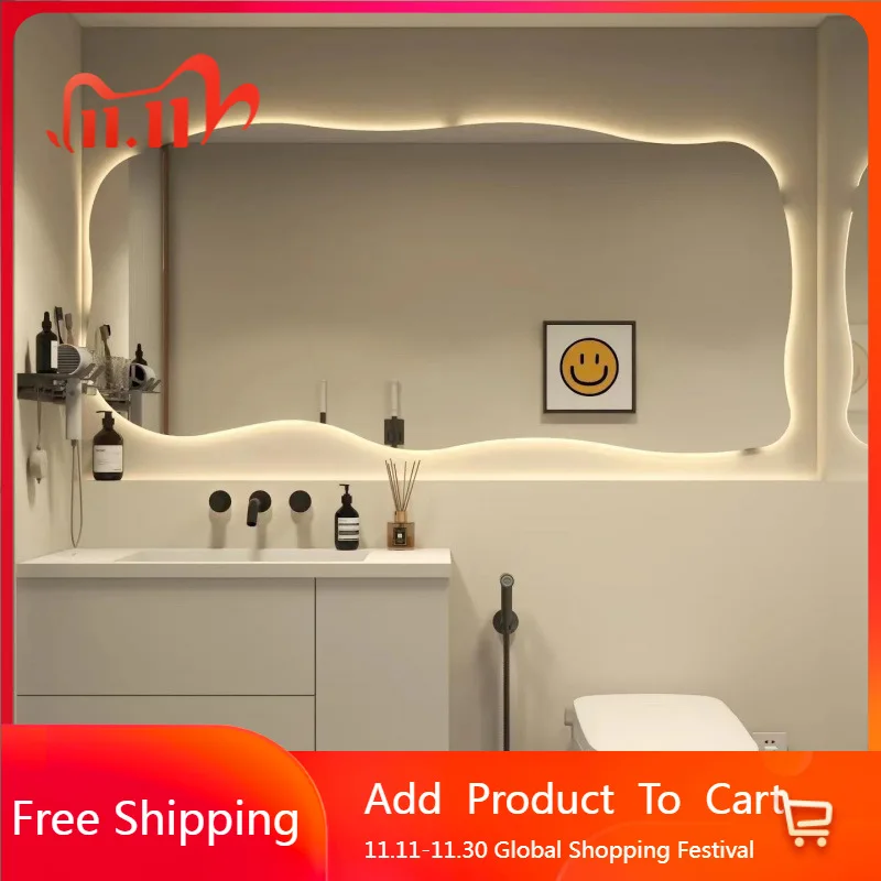 

Wall Shower Mirror Long Funky Cute Light LED Luxury Wavy Irregular Mirror Accessories Asymmetrical Spiegels Home Decorations