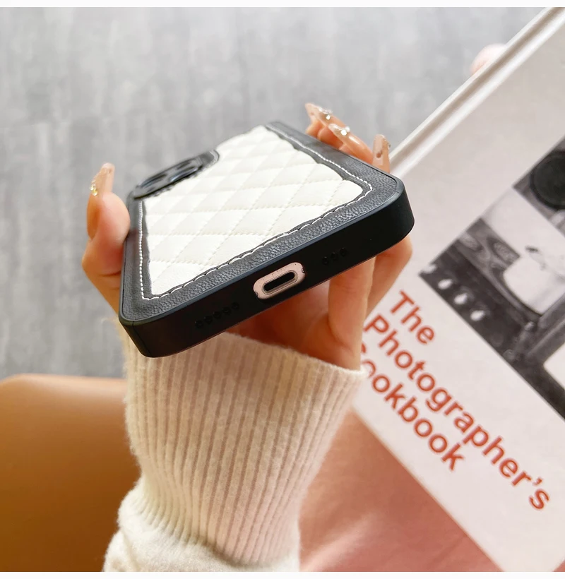 Black and White Leather Protective Phone Case, Fashionable Rhombic Grid Pattern, iPhone 16,15, 14 Plus,13, 12,11 Pro Max, Luxury