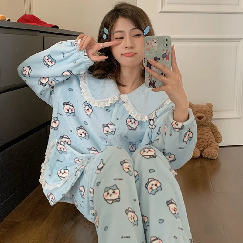 Kawaii Chiikawa المرأة بيجامة أنيمي الكرتون بيجامة مجموعات القطن طالب ملابس خاصة الحبيب لطيف فتاة مريحة ملابس المنزل الدافئة