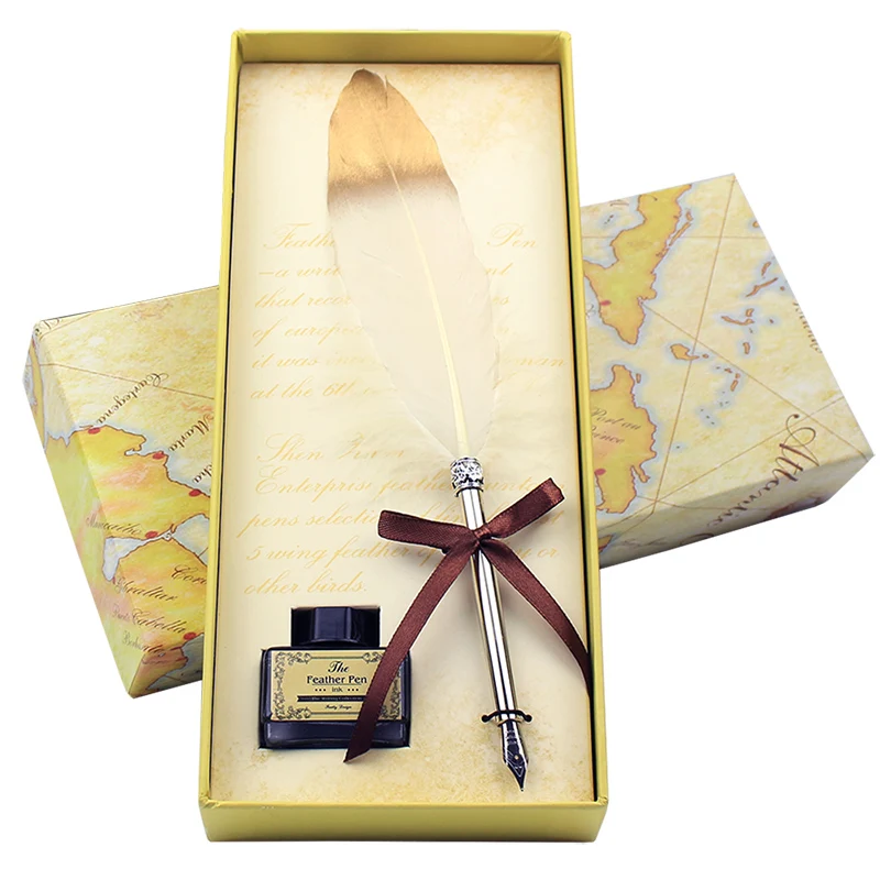 FEATTY-Golden Feather Pen Set, papelaria, material escolar e de escritório, caixa de presente bonita