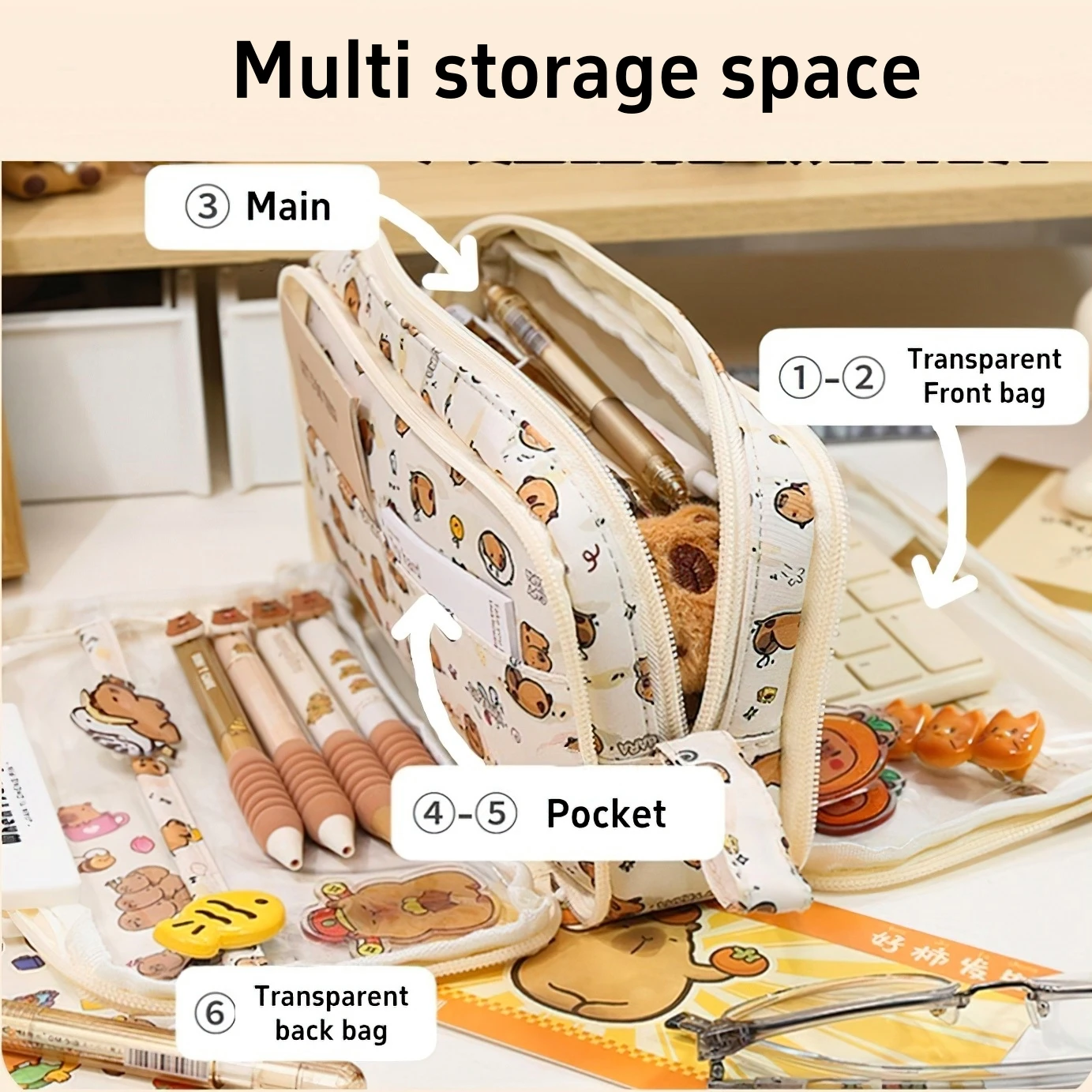 Dual-side Transparent Pencil Bag Pen Case Pure Color & Capybara Multi Pocket Hand-held Storage Pouch for Stationery School A7661