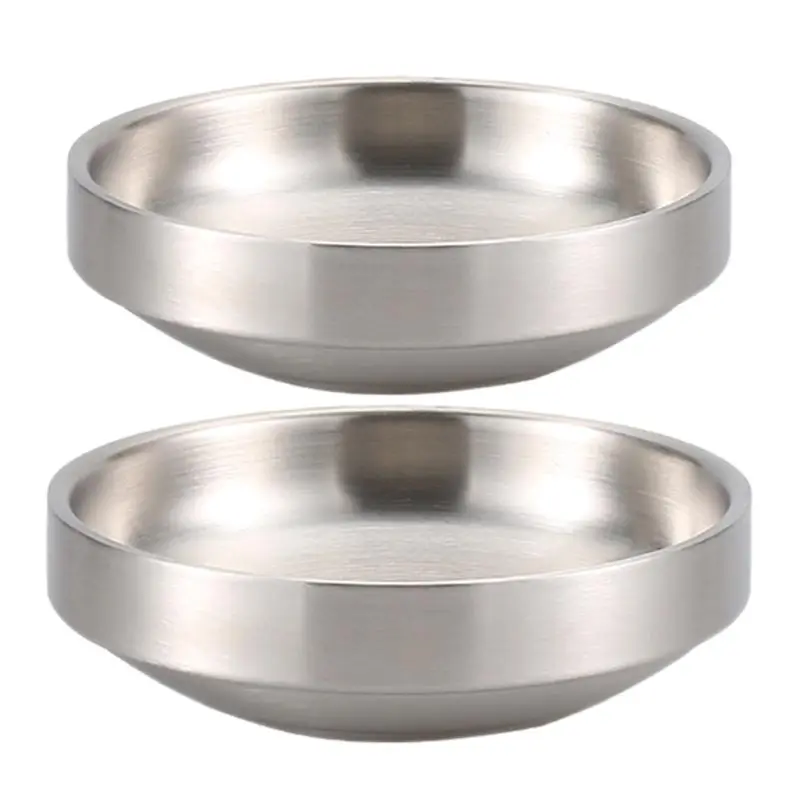 Double-Layer Round Kimchi Plate Dish, 304 Stainless Steel,Silver Color,Rice Bowl,Cold Noodle Plate Bowl,Insulation,Anti-Scalding
