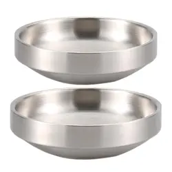 Double-Layer Round Kimchi Plate Dish, 304 Stainless Steel,Silver Color,Rice Bowl,Cold Noodle Plate Bowl,Insulation,Anti-Scalding