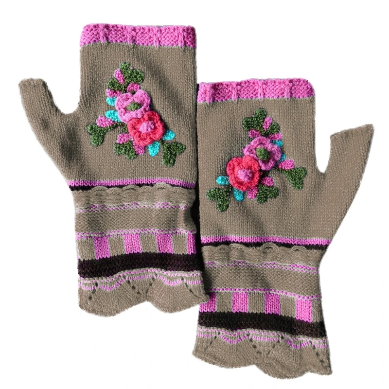 

Women Vintage Multicolor Jacquard Crochet Floral Fingerless Gloves Autumn Knitted Half Finger Texting Mittens Stretchy Thumb Arm