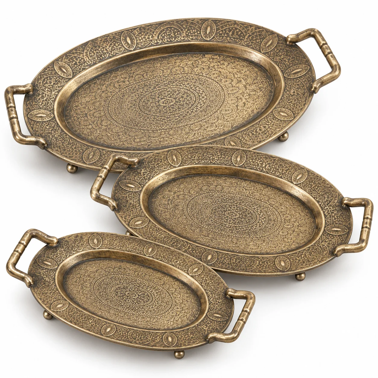 Vintage Oval Metal Tray Set of 3, Antique Copper Look Embossed Iron Trays with Handles for Fruit Display, Vanity & Decor