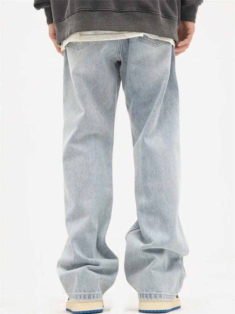 Light Blue Jeans Men Y2K Solid Color Straight Pants with Button Pockets Loose Simple Trousers A149