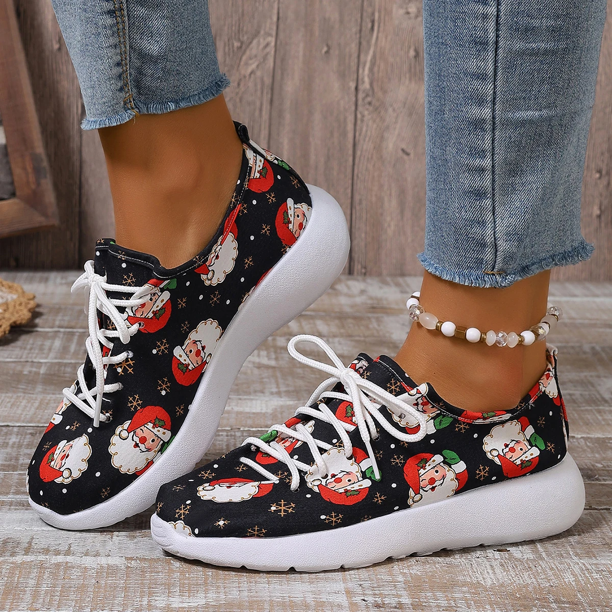 Christmas Style Printed Sneakers For Women Lightweight Non Slip Lace Up Flats Woman Comfortable Running Sports Shoes Plus Size