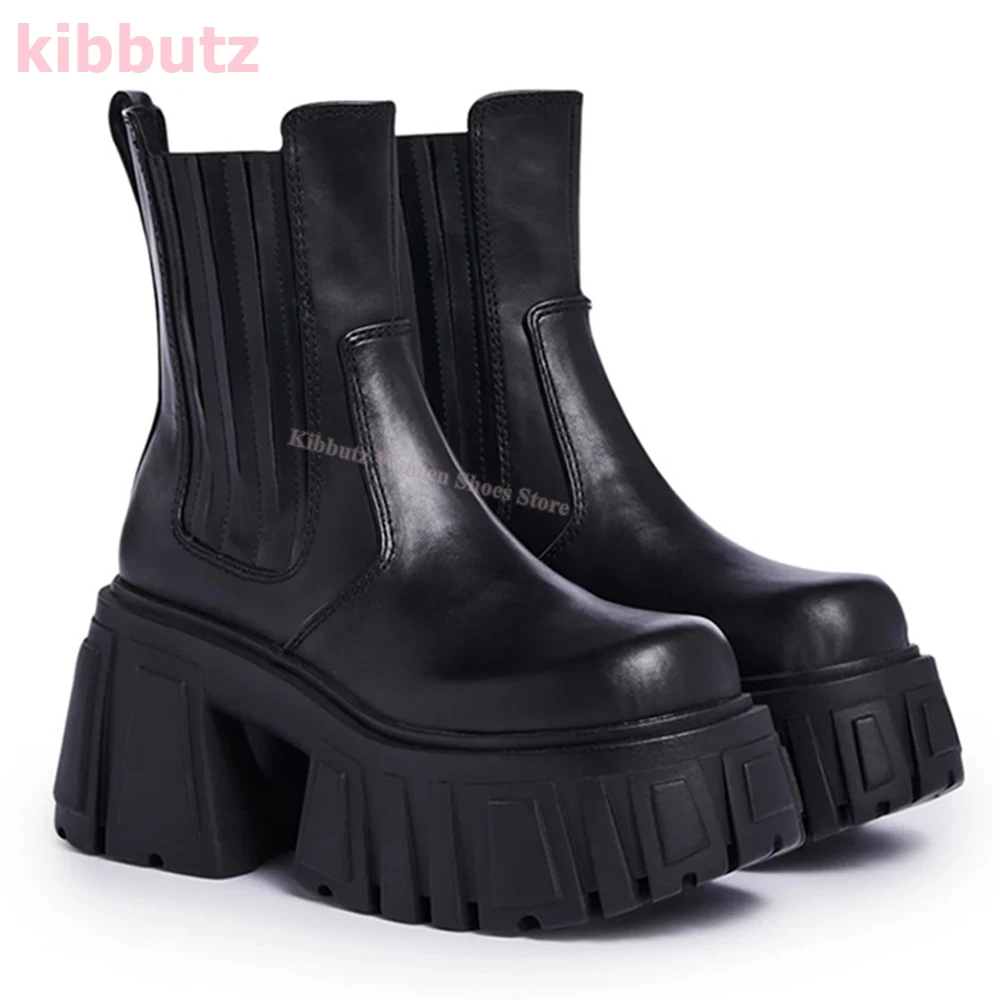 Thick Bottom Motorcycle Ankle Boots Round Toe Genuine Leather Solid Color Black Slip-On Fashion Elegant Concise Women Shoes New