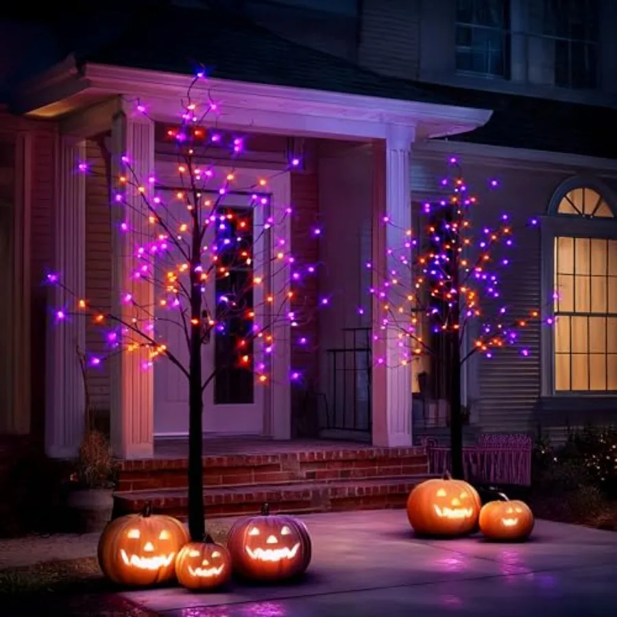 Halloween indoor outdoor decoration: 6FT lighted black birch tree, 288 purple orange LED, waterproof, timer, spooky artificial