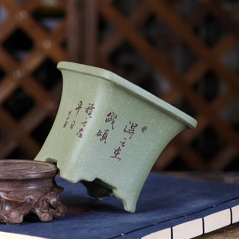 Green Sand Square Handmade Carved Pottery Bonsai Pot, Chinese Pattern Cubicles, Desk Rome Table, Garden Decoration